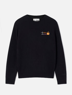 Black New Queen wool and cashmere blend crewneck with O La Borsa O La Vita embroidery