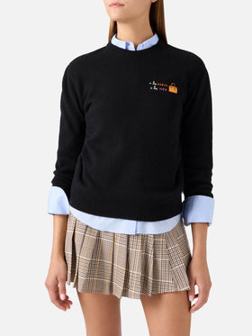 Pull noir New Queen à col rond en mélange de laine et de cachemire avec broderie O La Borsa O La Vita 