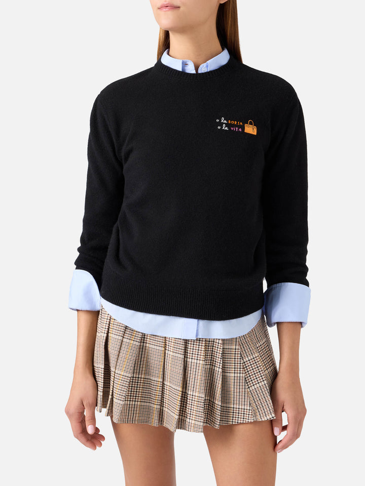 Schwarzer Crewneck aus einer Woll- und Kaschmirmischung New Queen mit O La Borsa O La Vita-Stickerei 