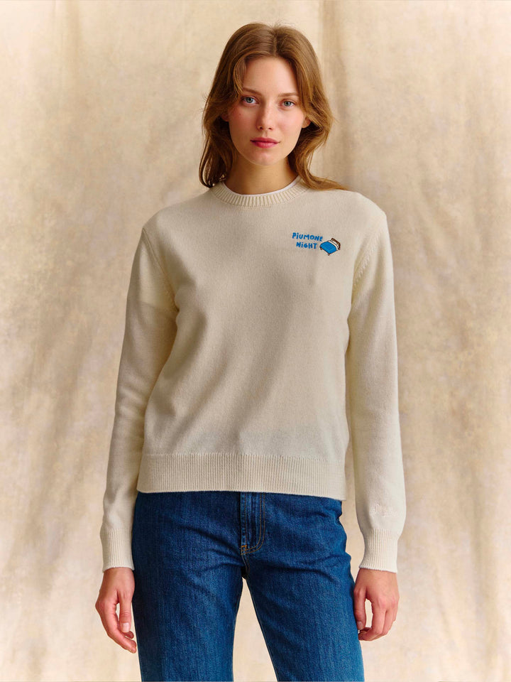 Pull col rond en mélange de laine et cachemire Off white New Queen avec broderie Piumone Night 