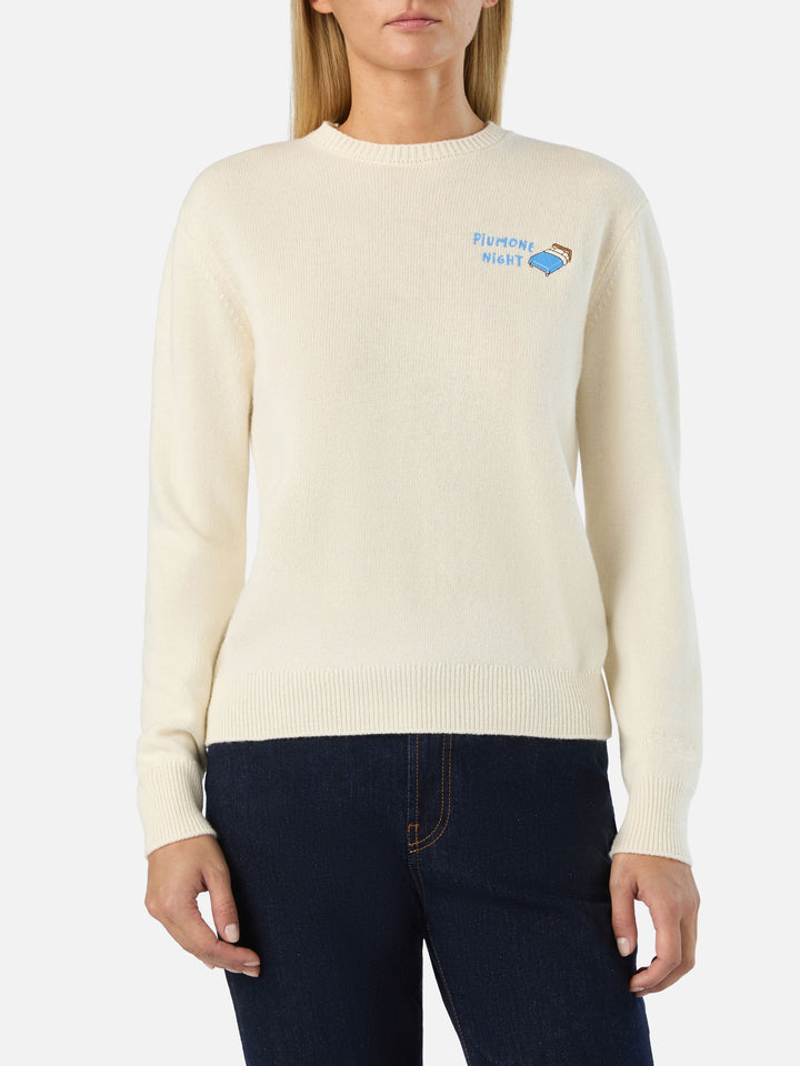 Maglia girocollo New Queen off white in misto lana e cashmere con ricamo Piumone Night