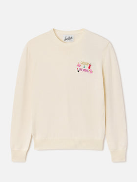 Maglia girocollo New Queen off white in misto lana e cashmere con ricamo Gossip & Shopping