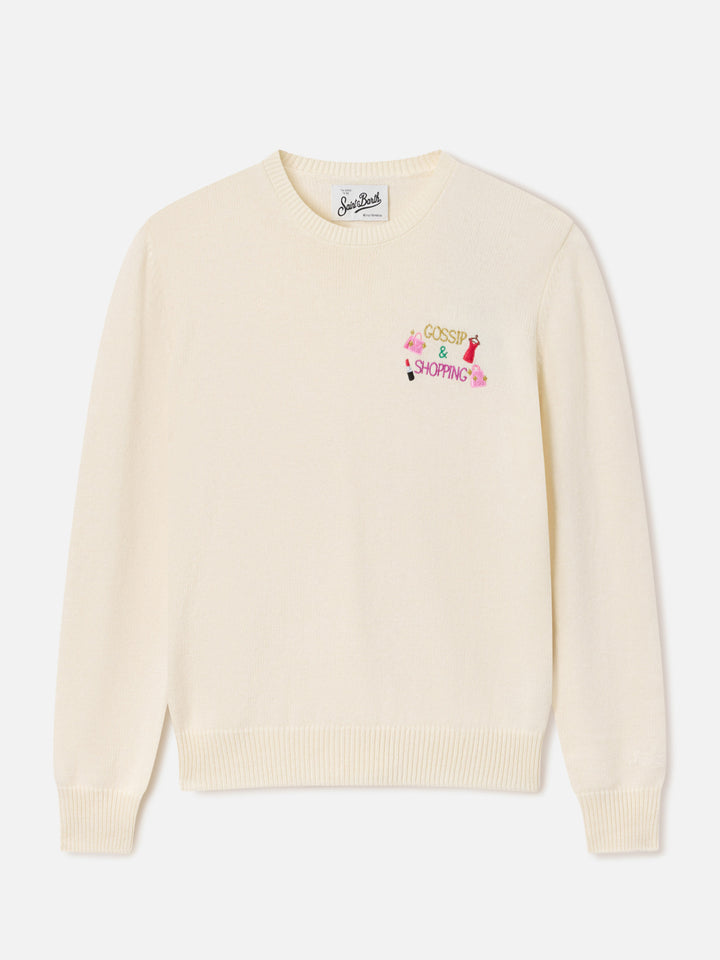 Maglia girocollo New Queen off white in misto lana e cashmere con ricamo Gossip & Shopping