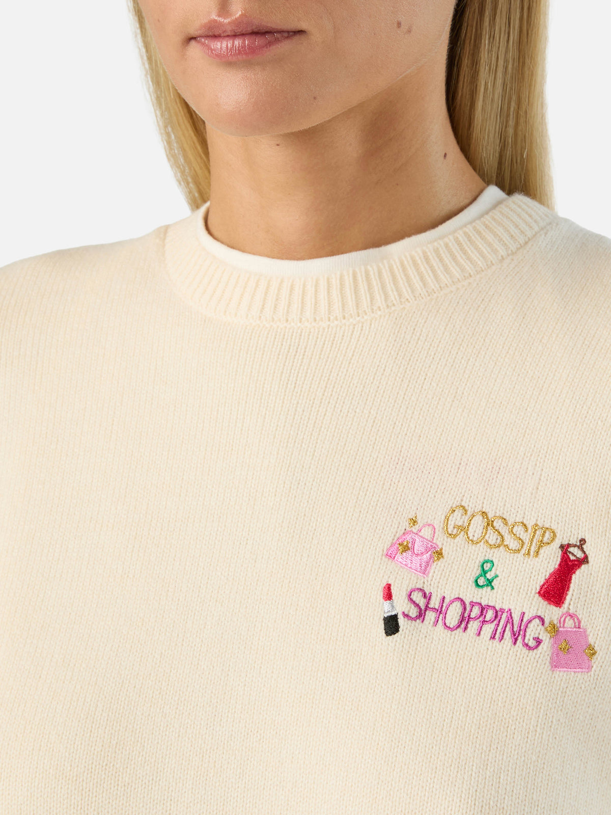 Maglia girocollo New Queen off white in misto lana e cashmere con ricamo Gossip & Shopping