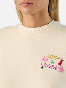 Maglia girocollo New Queen off white in misto lana e cashmere con ricamo Gossip & Shopping