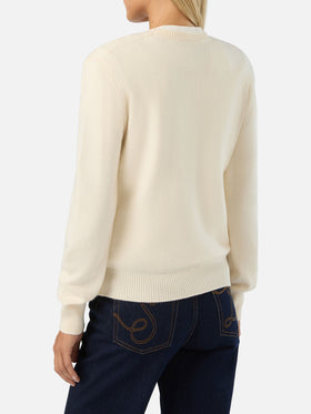 Maglia girocollo New Queen off white in misto lana e cashmere con ricamo Gossip & Shopping