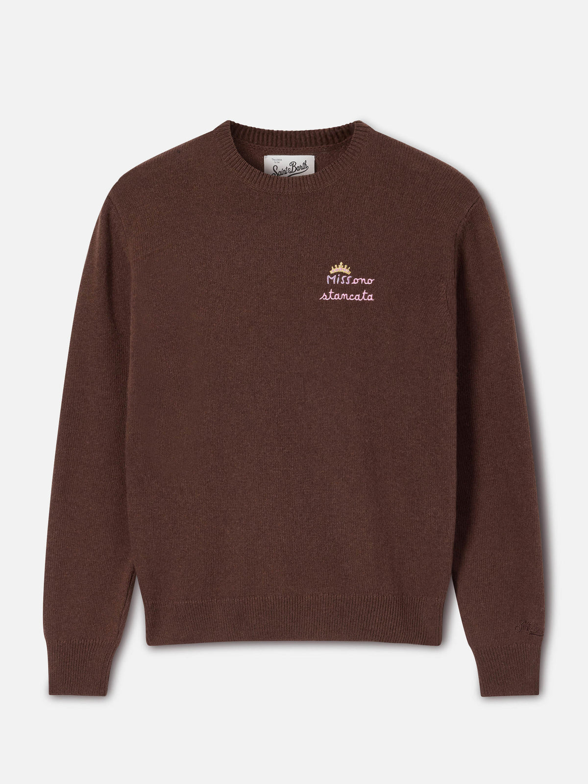 Pull ras-du-cou marron New Queen en mélange de laine et de cachemire avec broderie Miss Sono Stancata 
