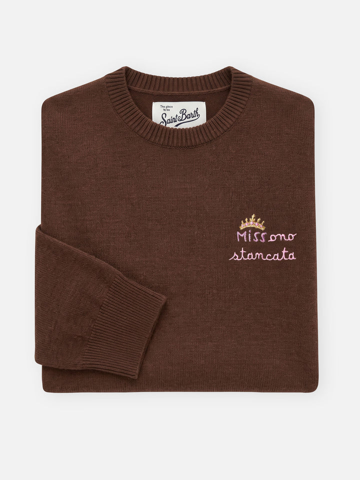 Jersey de cuello redondo Brown New Queen en mezcla de lana y cachemira con bordado Miss Sono Stancata 