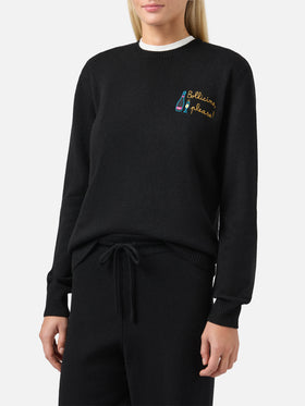 New Queen cashmere-blend sweater in black with Bollicine, please embroidery