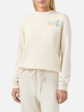 New Queen cashmere-blend sweater in white with Sono molto tonica embroidery