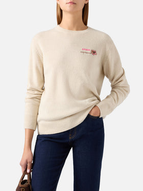 Pullover mit Rundhalsausschnitt aus Woll- und Kaschmirmischung Grain New Queen mit Amore Espresso-Stickerei 