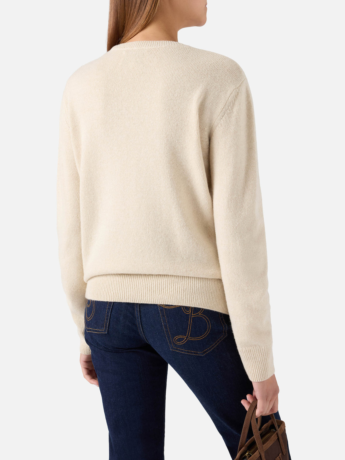 Pullover mit Rundhalsausschnitt aus Woll- und Kaschmirmischung Grain New Queen mit Amore Espresso-Stickerei 