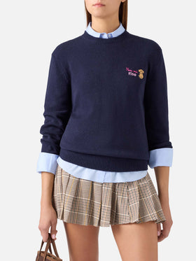 Navy blue New Queen wool and cashmere blend crewneck with Non Mi Fido embroidery