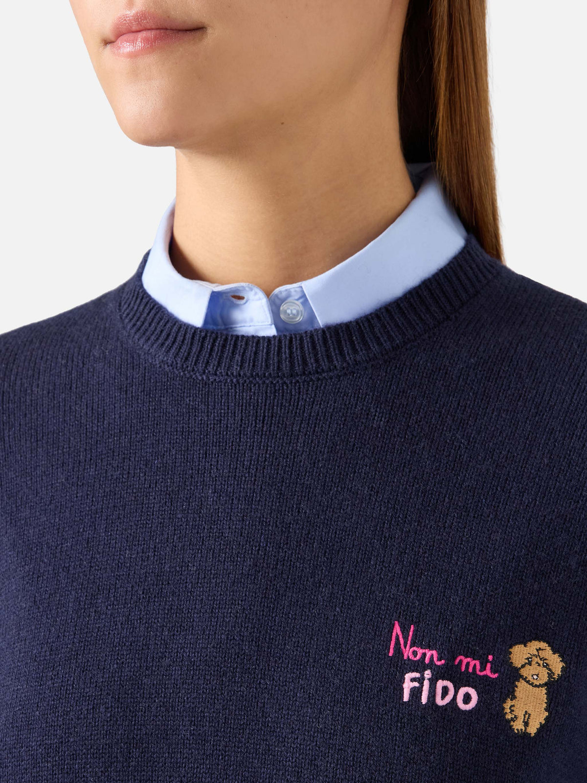 Navy blue New Queen wool and cashmere blend crewneck with Non Mi Fido embroidery