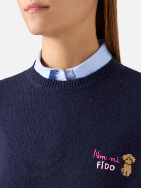 Navy blue New Queen wool and cashmere blend crewneck with Non Mi Fido embroidery