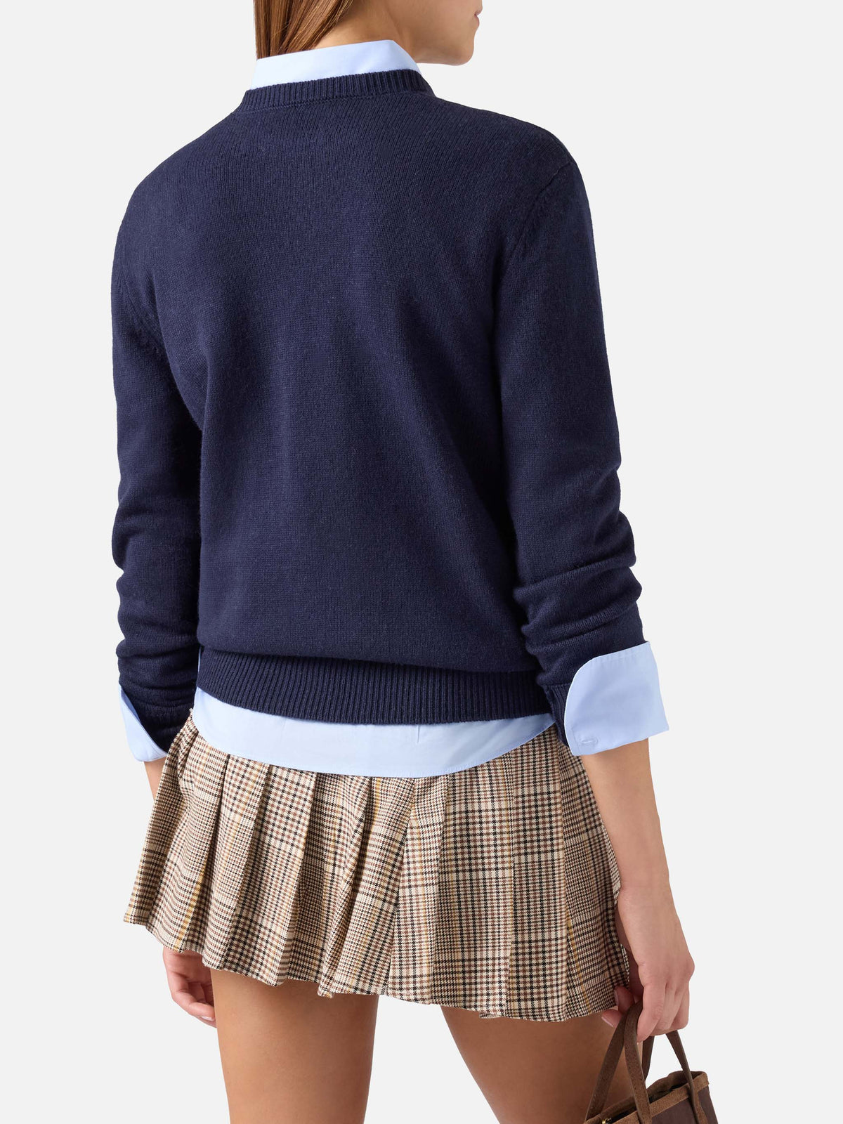 Navy blue New Queen wool and cashmere blend crewneck with Non Mi Fido embroidery
