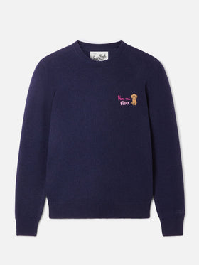Navy blue New Queen wool and cashmere blend crewneck with Non Mi Fido embroidery