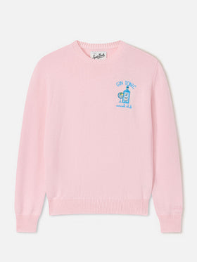 Rosa Queen Rundhalspullover aus Woll- und Kaschmirmischung mit Gin Tonic Social Club-Stickerei 