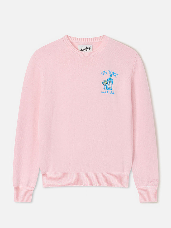 Maglia girocollo New Queen rosa in misto lana e cashmere con ricamo Gin Tonic Social Club