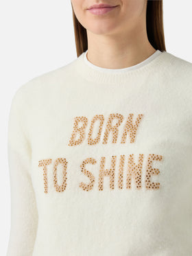 Neuer Queen Stretch-Pullover aus Merinowolle und Alpaka-Mischgewebe in Weiß mit Born to Shine Strassapplikation