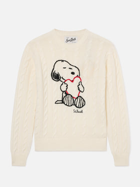 Maille torsadée en mélange de laine et cachemire Off white New Queen avec broderie Snoopy | Special edition 