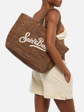 Braune Strandtasche aus Raffiabast mit Baumwollbeutel