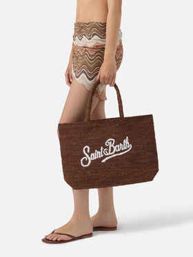 Brown Beach raffia bag with contrasting embroidered logo