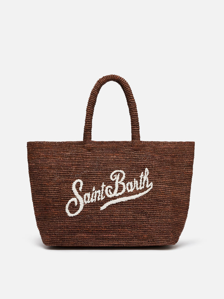 Bolso de playa Brown Beach de rafia con logo bordado en contraste 