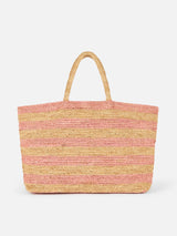 Rosa gestreifte Raffia-Strandtasche mit Baumwollbeutel