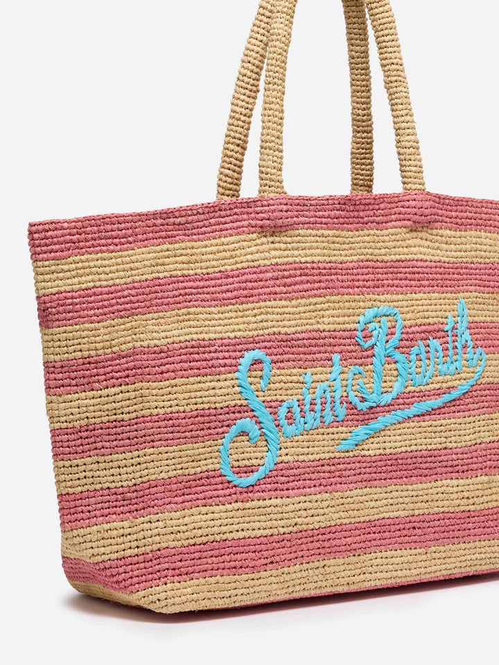Pink striped Raffia Beach bag with cotton pouch