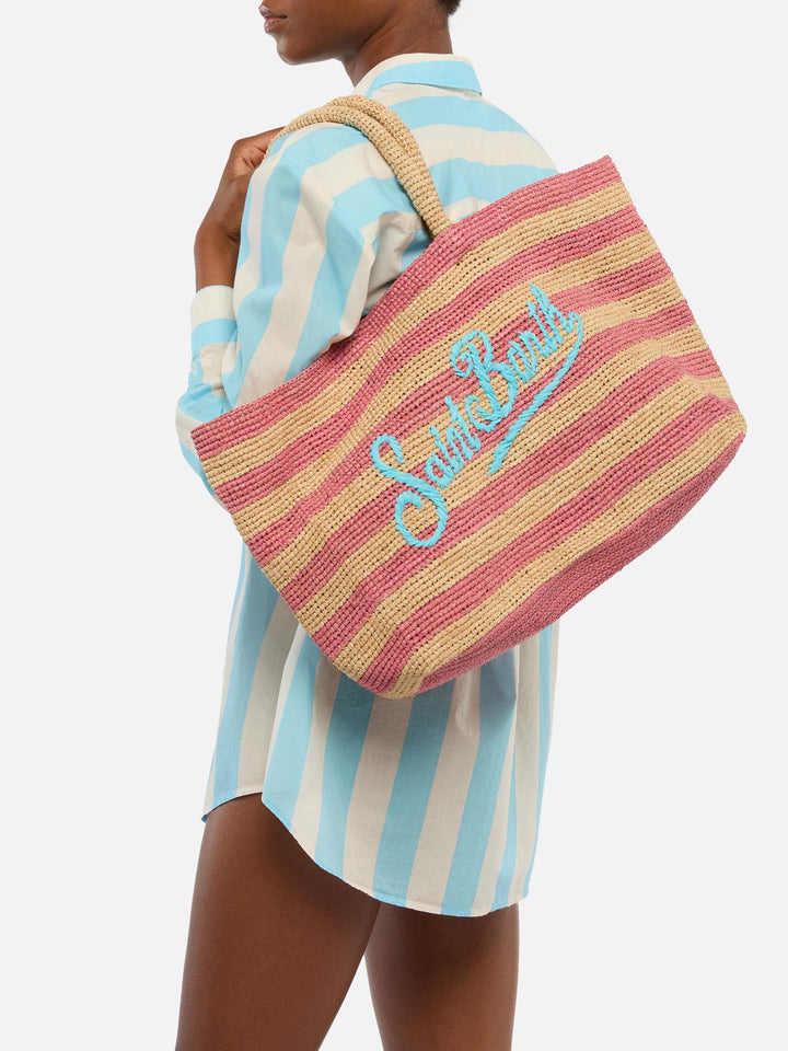 Pink striped Raffia Beach bag with cotton pouch