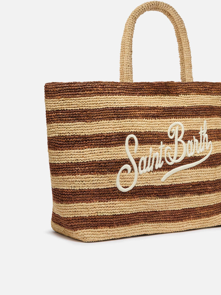 Beach raffia bag with brown stripes and embroidered logo