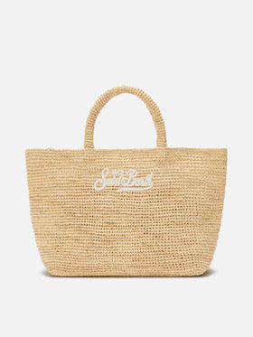 Borsa Beach medium in raffia con logo ricamato