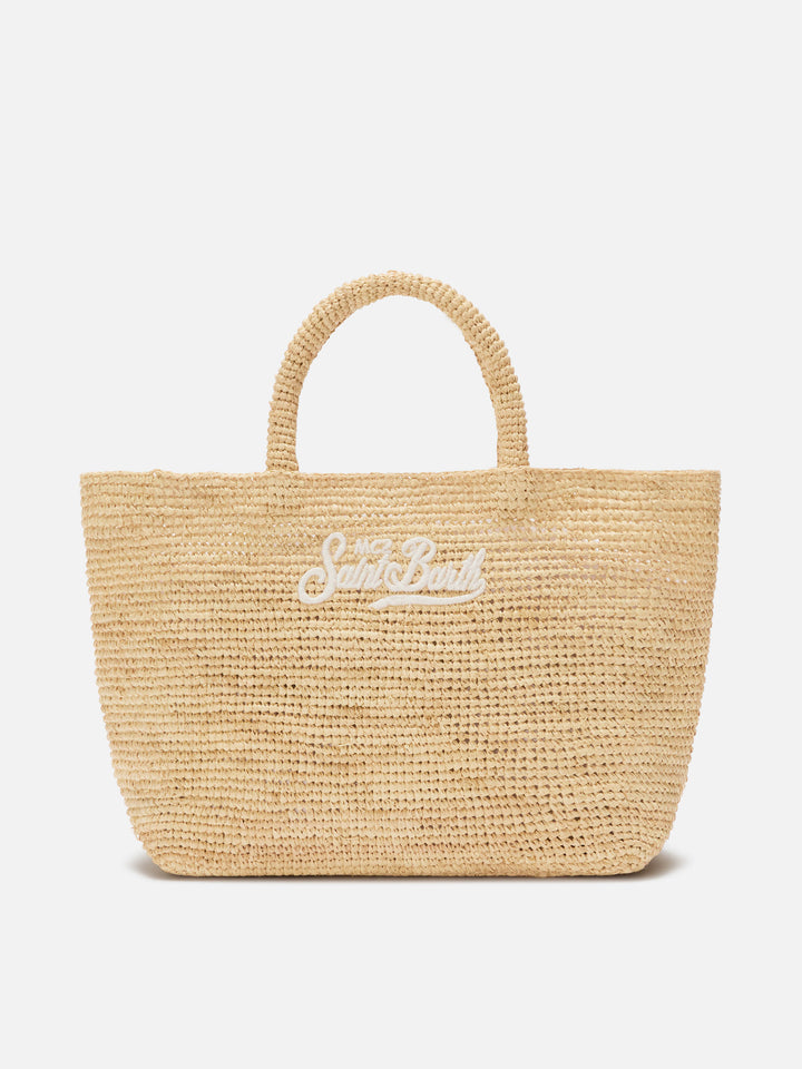 Borsa Beach medium in raffia con logo ricamato