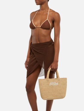 Rafia Mid Beach Bag beige con pochette interna in cotone