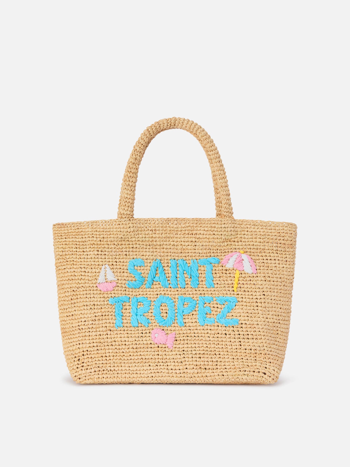Beach medium raffia bag with Saint Tropez embroidery