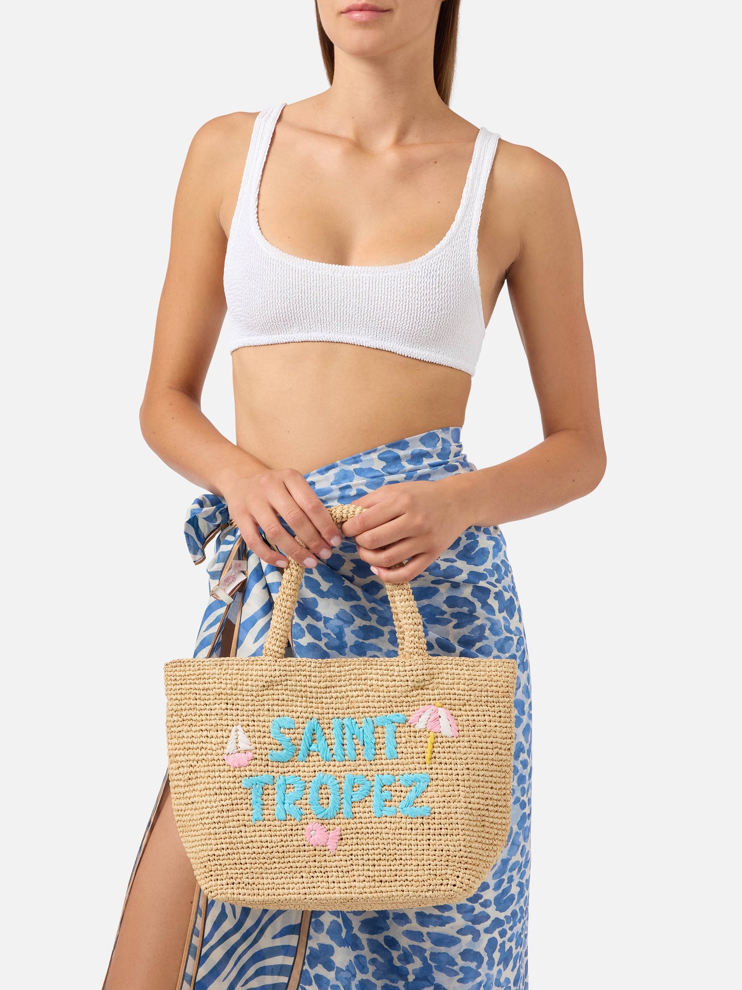 Beach medium raffia bag with Saint Tropez embroidery
