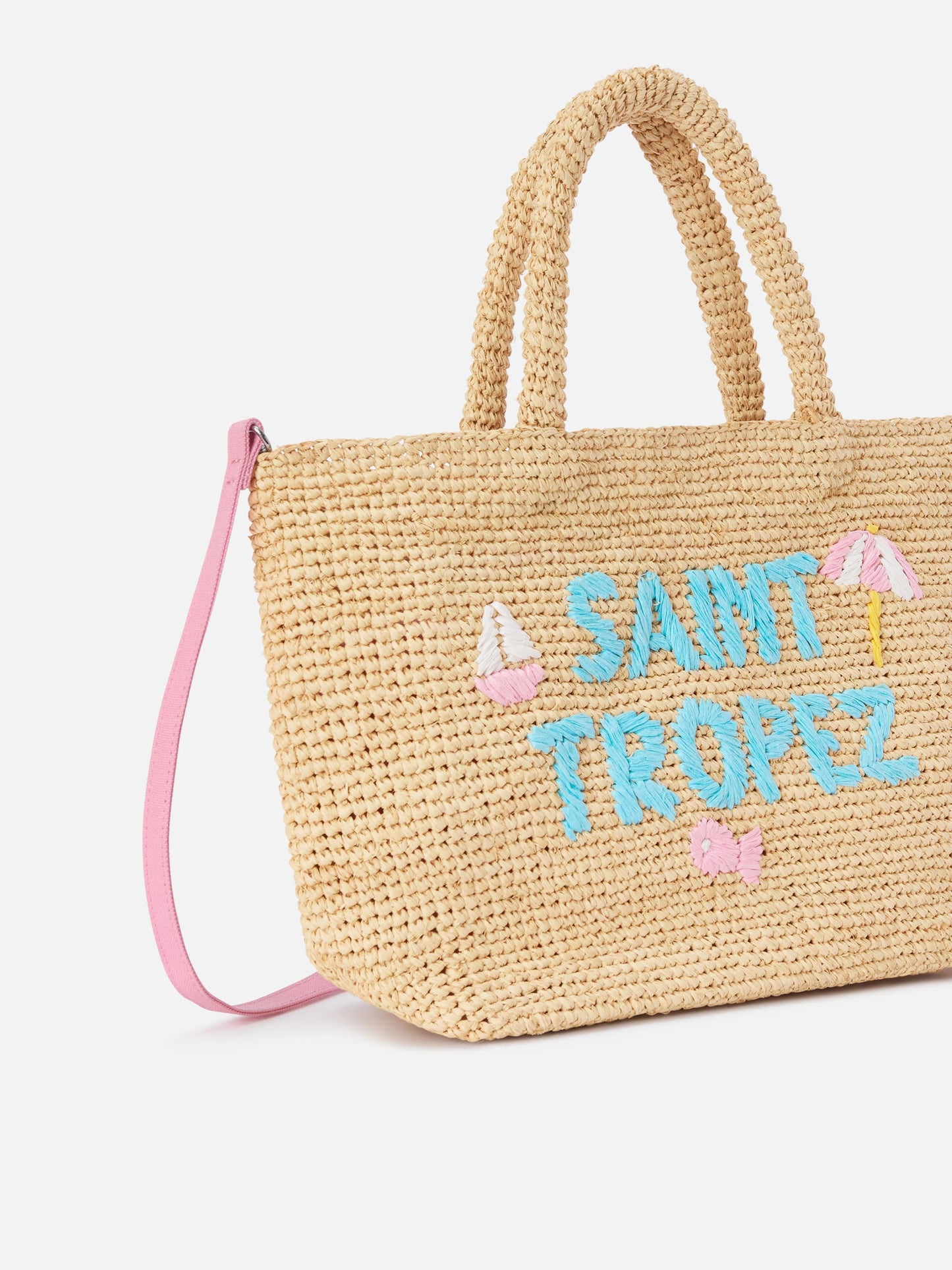 Beach medium raffia bag with Saint Tropez embroidery