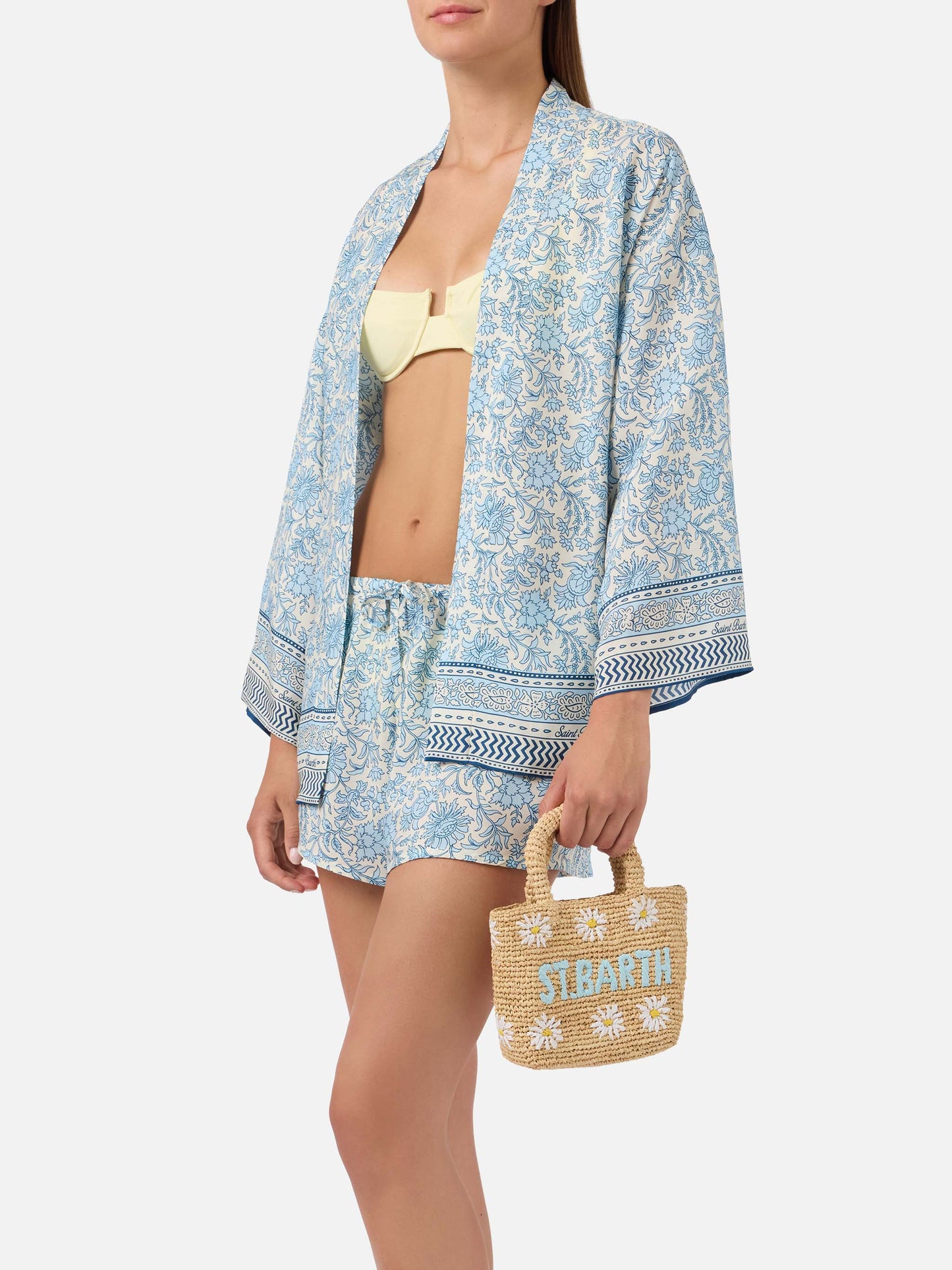 Borsa Beach mini in raffia con margherite  ricamate