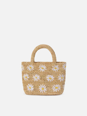 Borsa Beach mini in raffia con margherite  ricamate