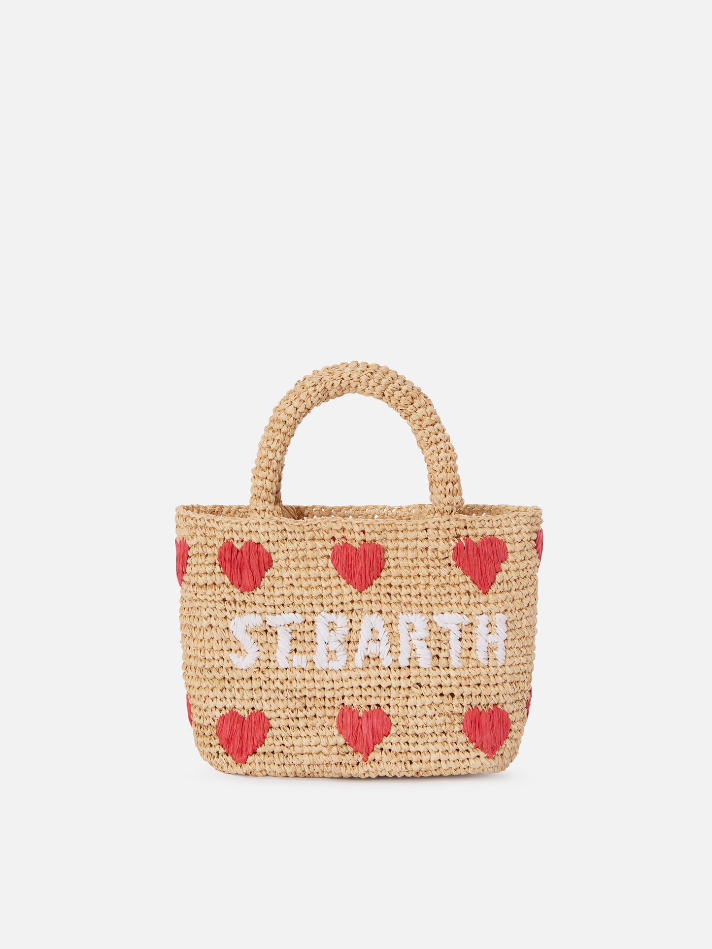 Borsa Beach mini in raffia con cuori  ricamati