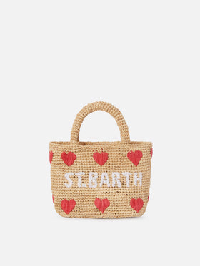 Borsa Beach mini in raffia con cuori  ricamati