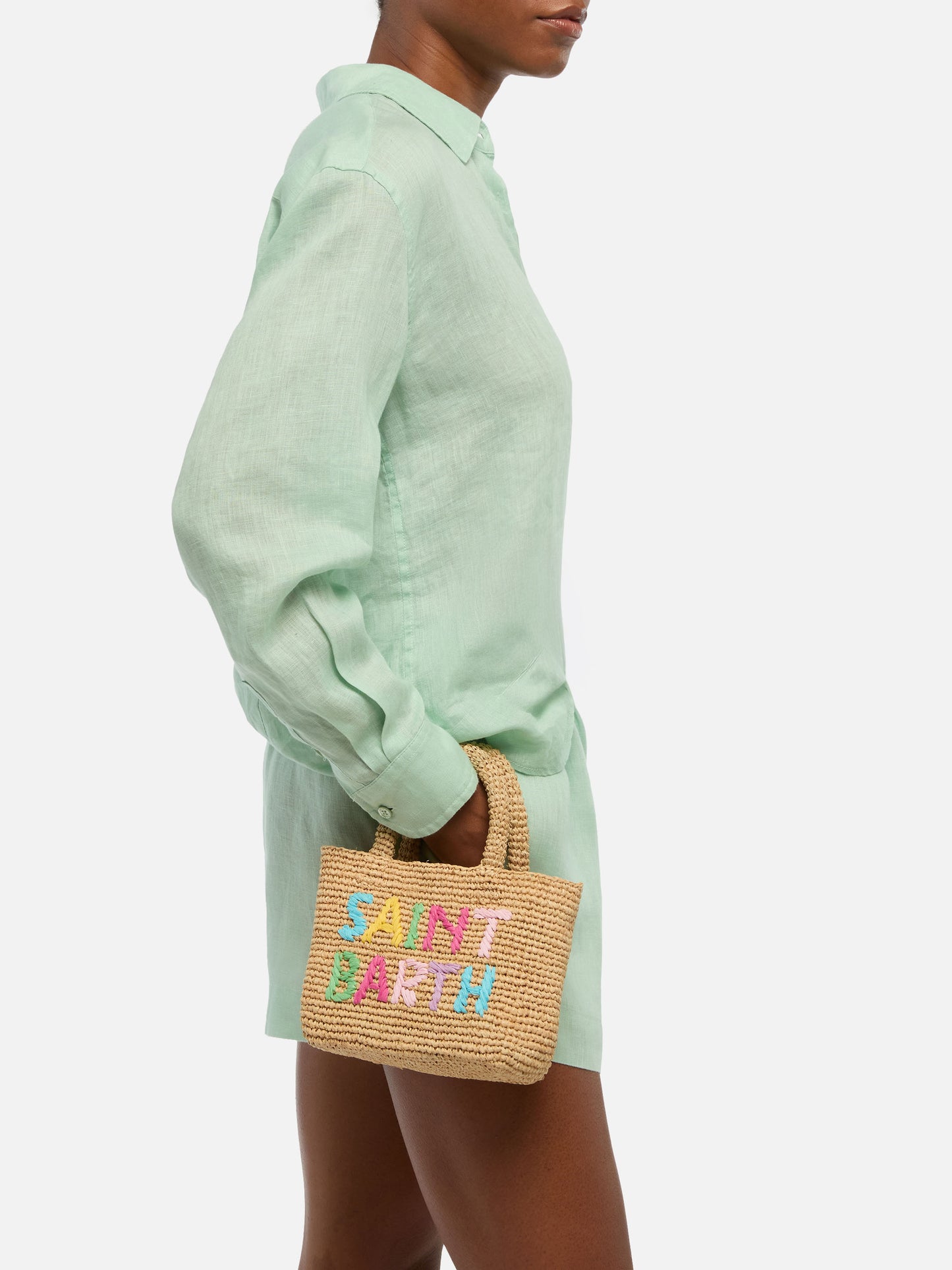 Rafia Mini Beach Bag beige con pochette interna in cotone