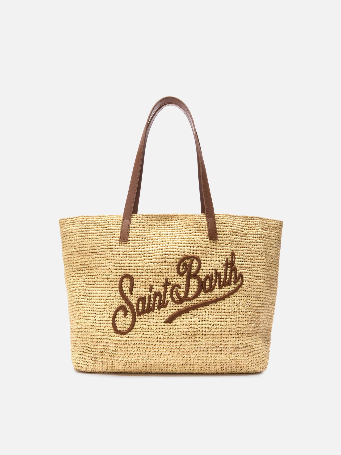 Borsa City in raffia con manici in vera pelle e logo ricamato
