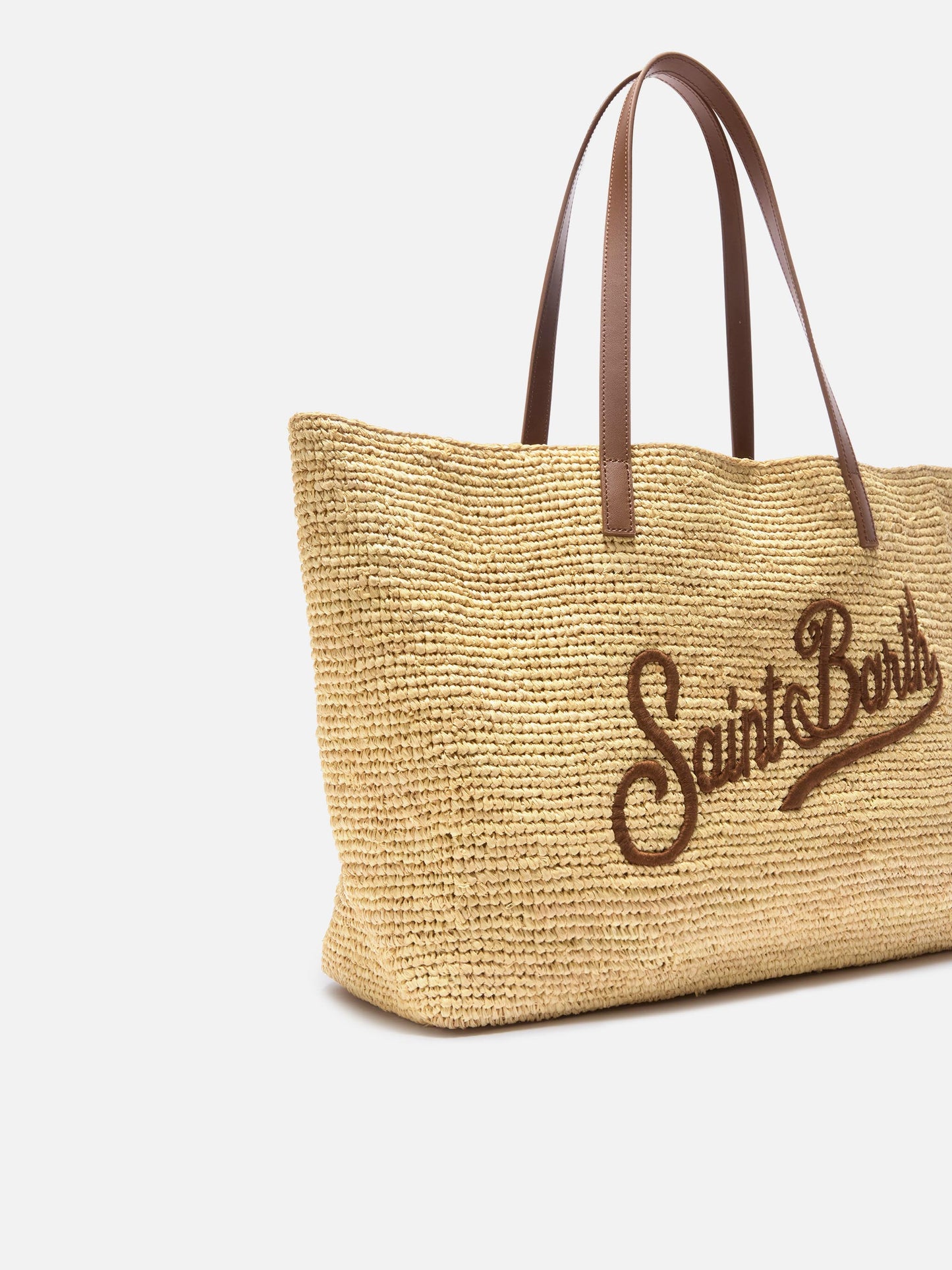 Borsa City in raffia con manici in vera pelle e logo ricamato