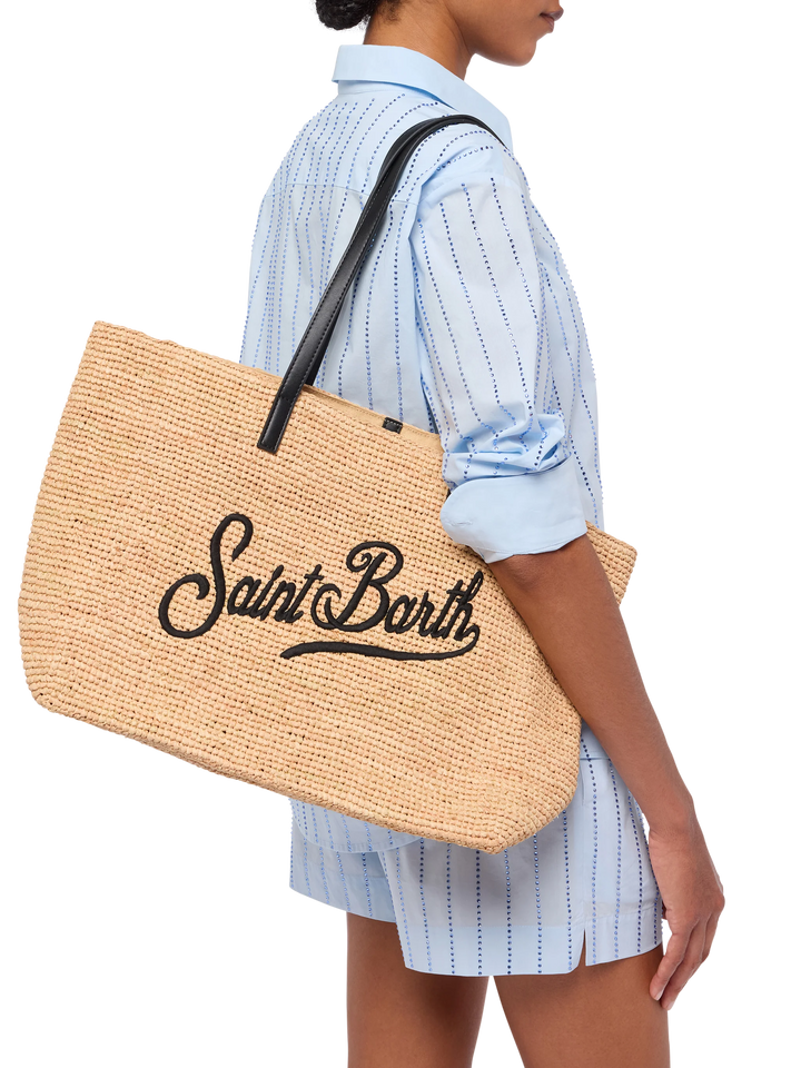 Rafia City Bag beige con logo Saint Barth ricamato