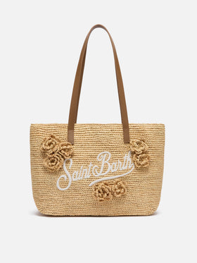 Beige Raffia City Mid bag with appliqué flowers