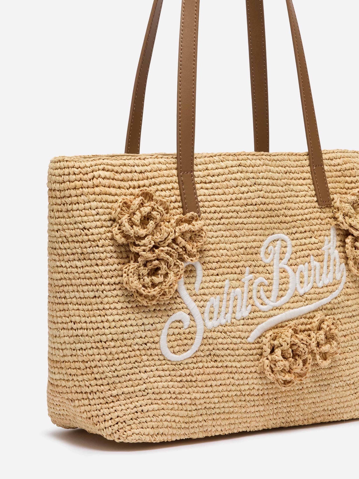 Beige Raffia City Mid bag with appliqué flowers