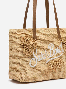Beige Raffia City Mid bag with appliqué flowers