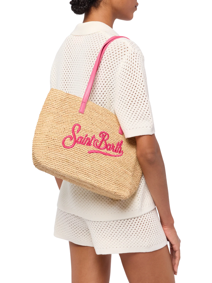 Beige Raffia City Mid bag with Saint Barth embroidered logo